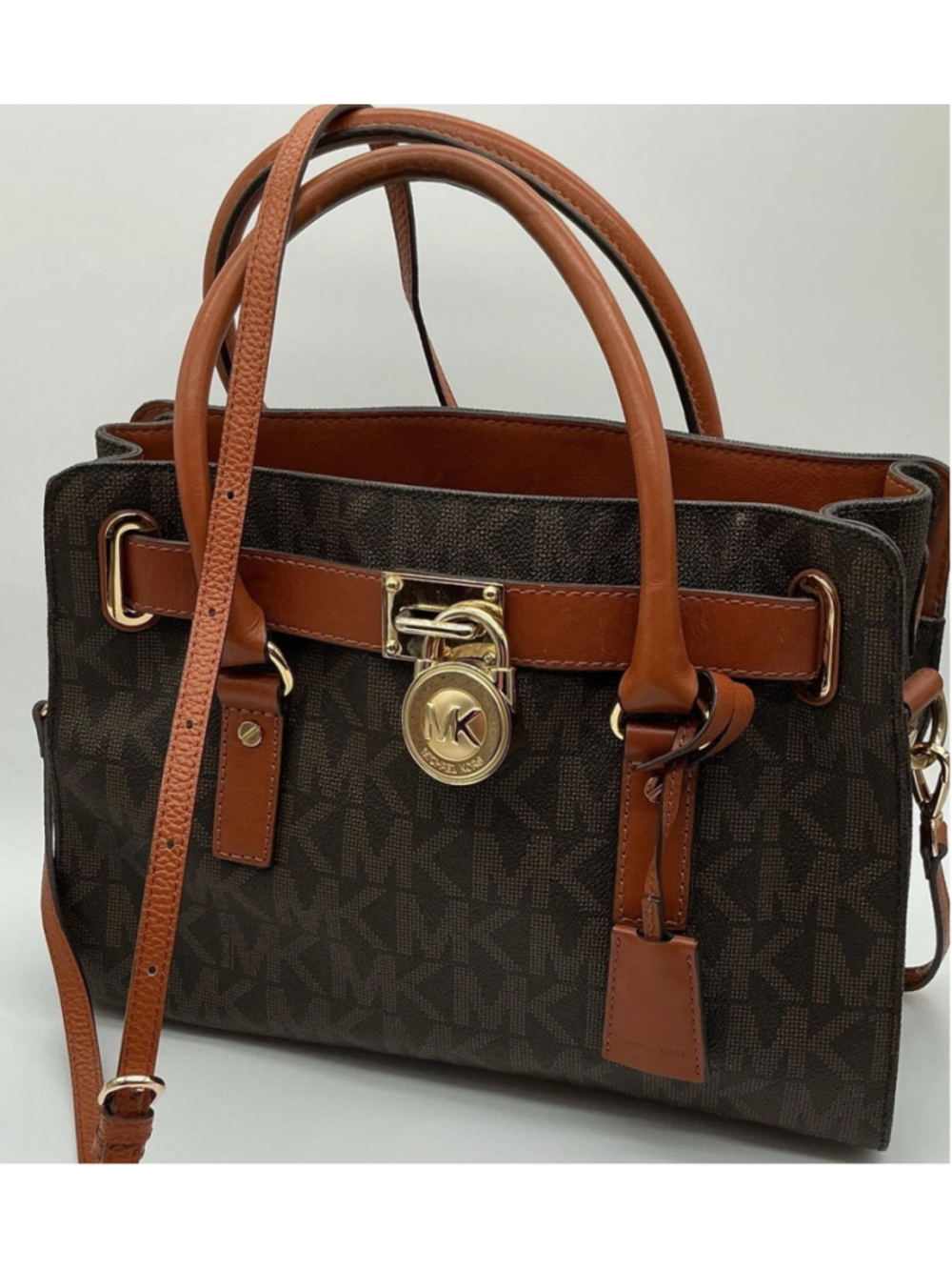 Michael Kors Hamilton Signature MK Logo Satchel Tote Brown Luggage Lock Key